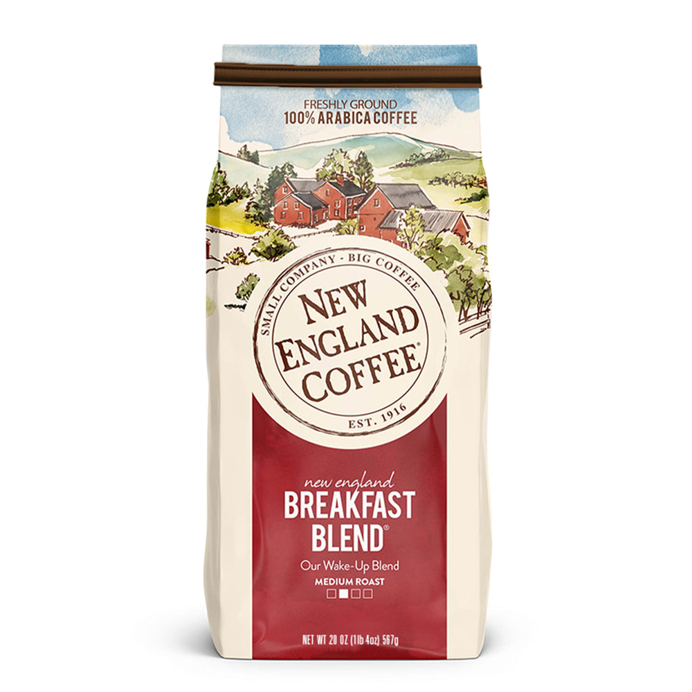 New England Coffee Breakfast Blend bag delivers rich aroma for morning routines.