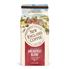 New England Coffee Breakfast Blend bag front with label and rich aroma promise