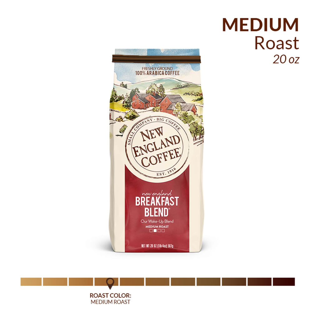 New England Coffee Breakfast Blend coffee beans capture balanced, smooth taste.