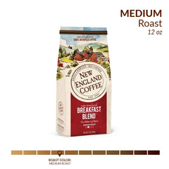 New England Coffee Breakfast Blend ground coffee bags display 100% Arabica beans