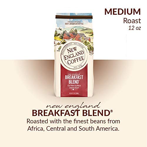 New England Coffee Breakfast Blend pack label closeup highlights sustainable sourcing