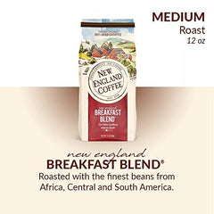 New England Coffee Breakfast Blend pack label closeup highlights sustainable sourcing