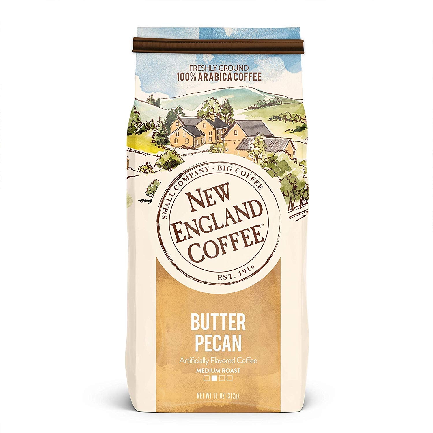 New England Coffee Butter Pecan ground coffee 11oz offers rich, buttery pecan flavor.