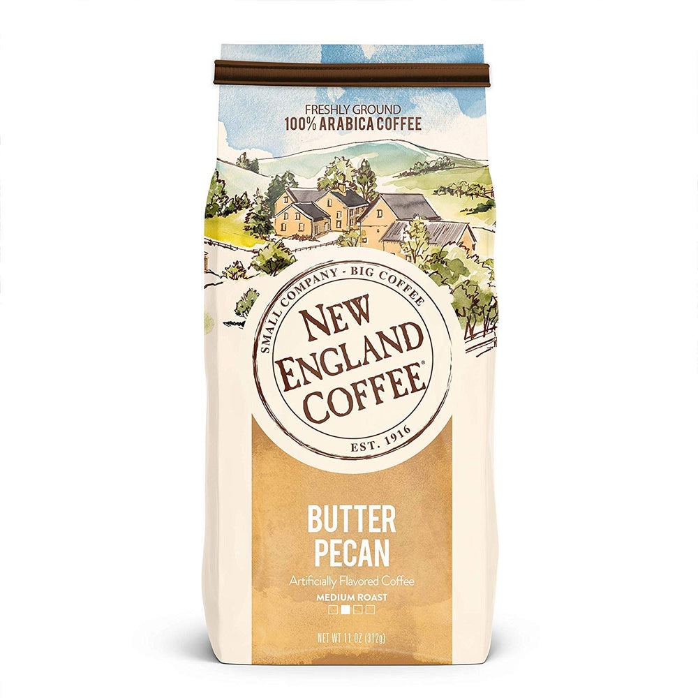 New England Coffee Butter Pecan ground coffee 11oz offers rich, buttery pecan flavor.