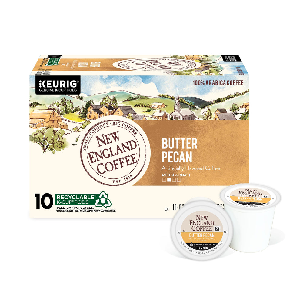 New England Coffee Butter Pecan pods front view showing rich aroma and creamy flavor