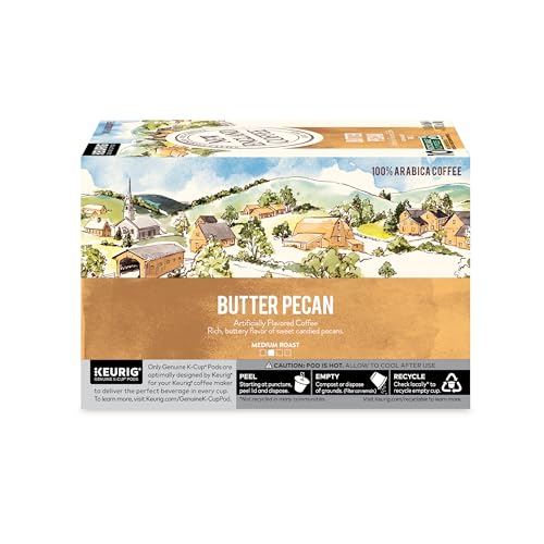 New England Coffee Butter Pecan pods package closeup highlighting sustainable compostable pods