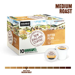 New England Coffee Butter Pecan single-serve pod in cup, convenient morning ritual