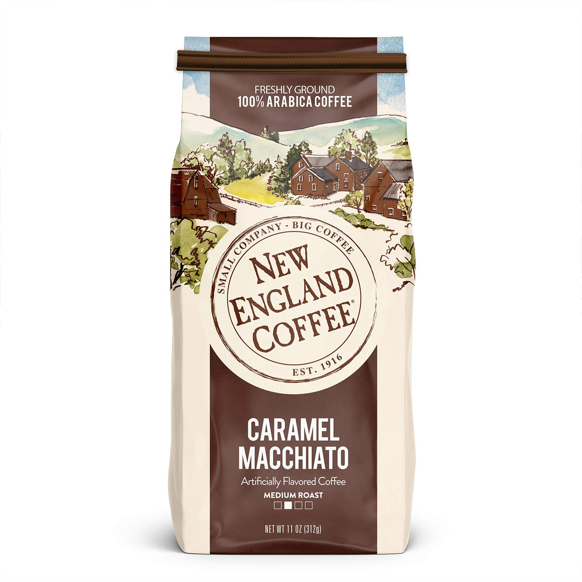 New England Coffee Caramel Macchiato ground coffee 11oz bag for home brewing
