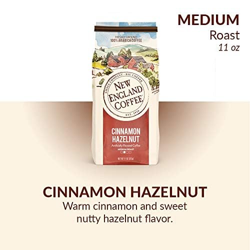 New England Coffee Cinnamon Hazelnut 11oz bag back with flavor notes