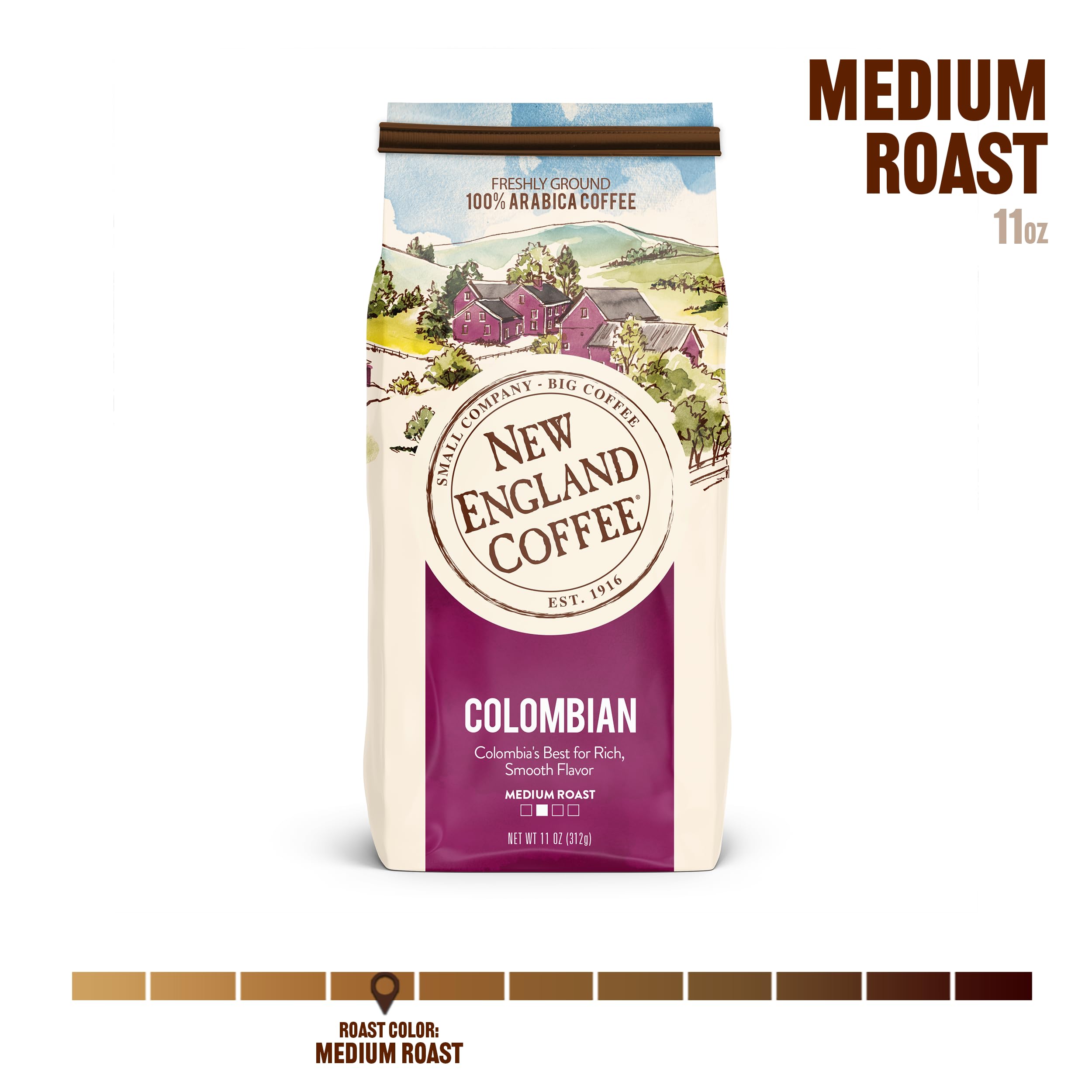 New England Coffee Colombian Ground Coffee 11oz bag ready to brew a balanced cup
