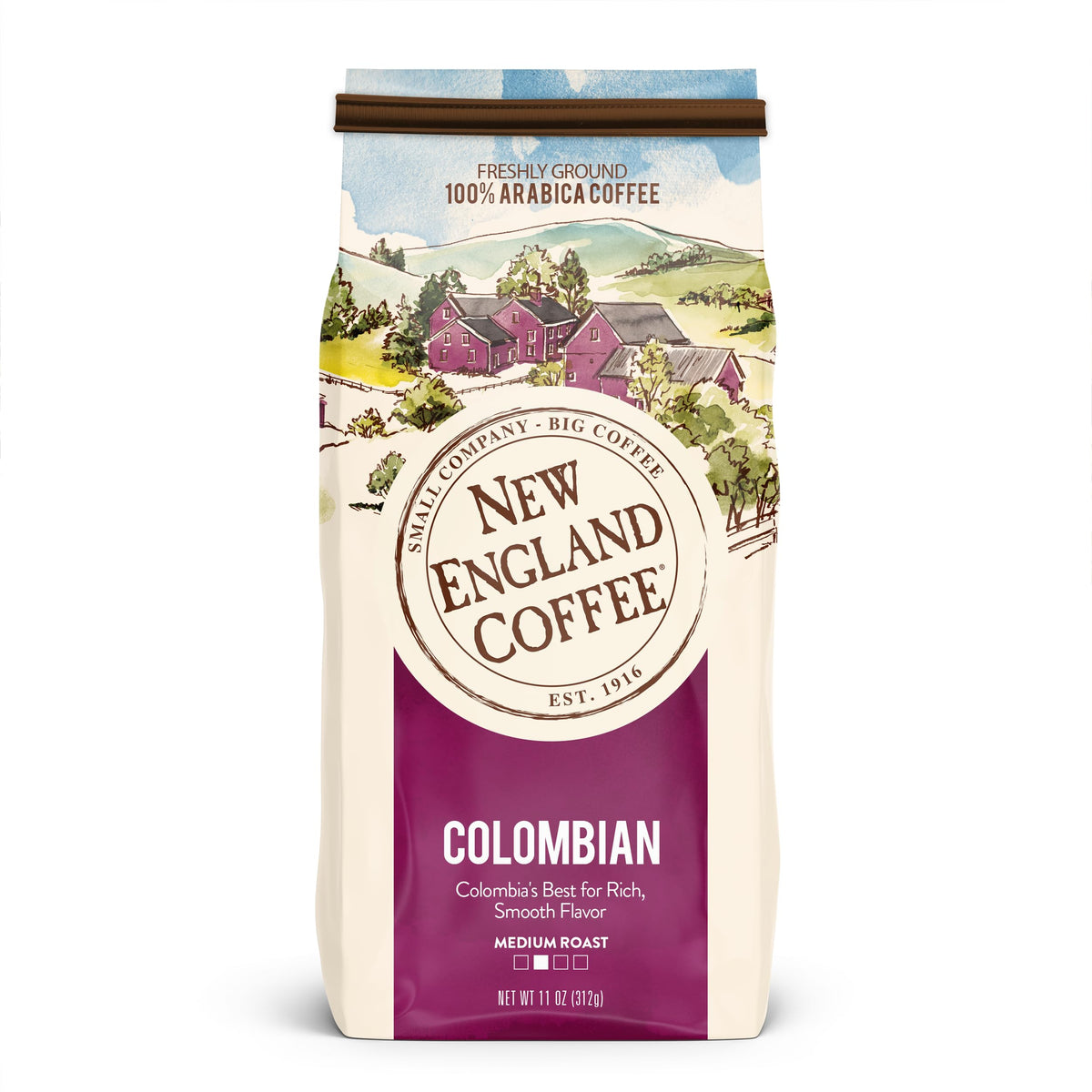 New England Coffee Colombian Medium Roast bag with rich aroma for mornings