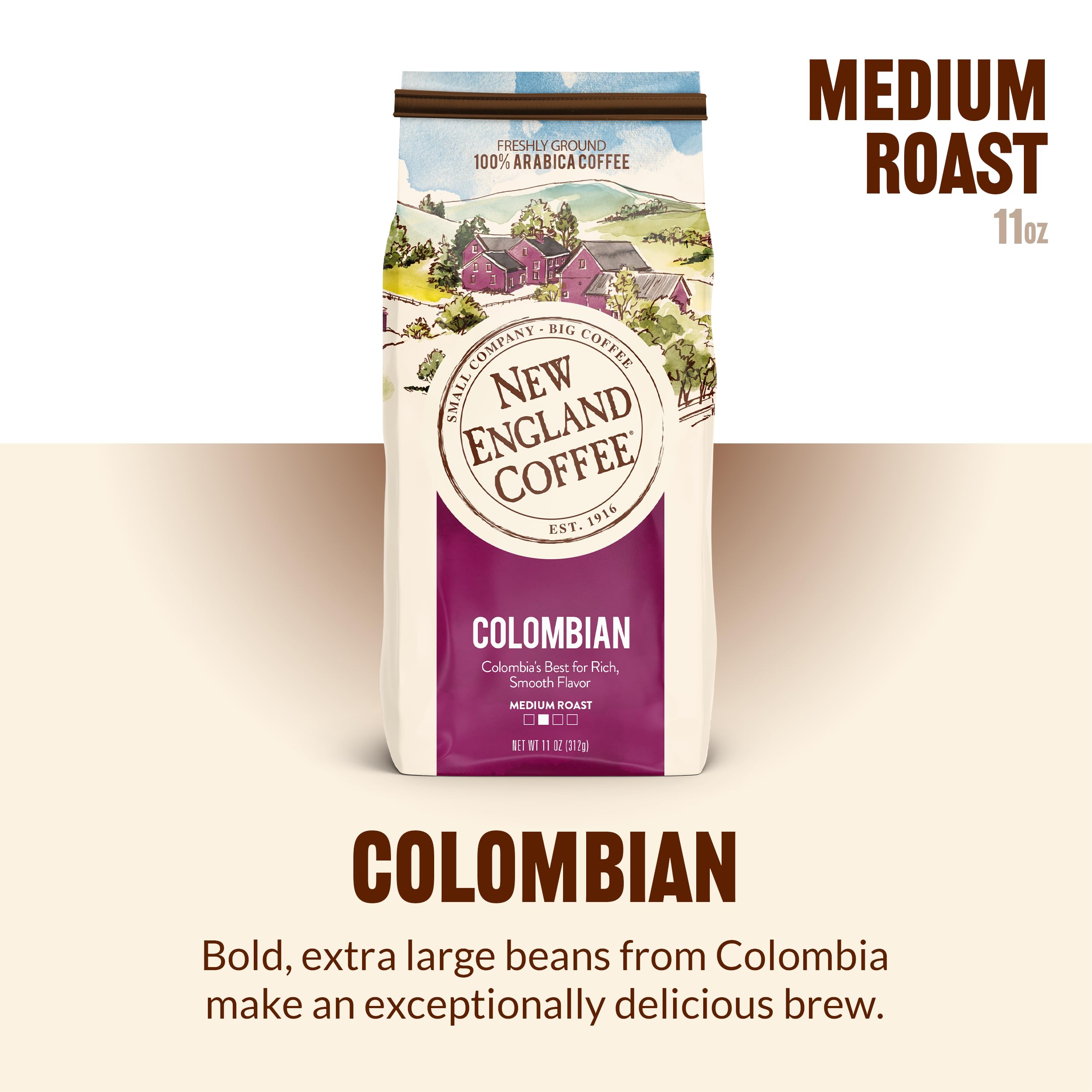 New England Coffee Colombian Medium Roast close-up signaling smooth, dependable flavor in every pour