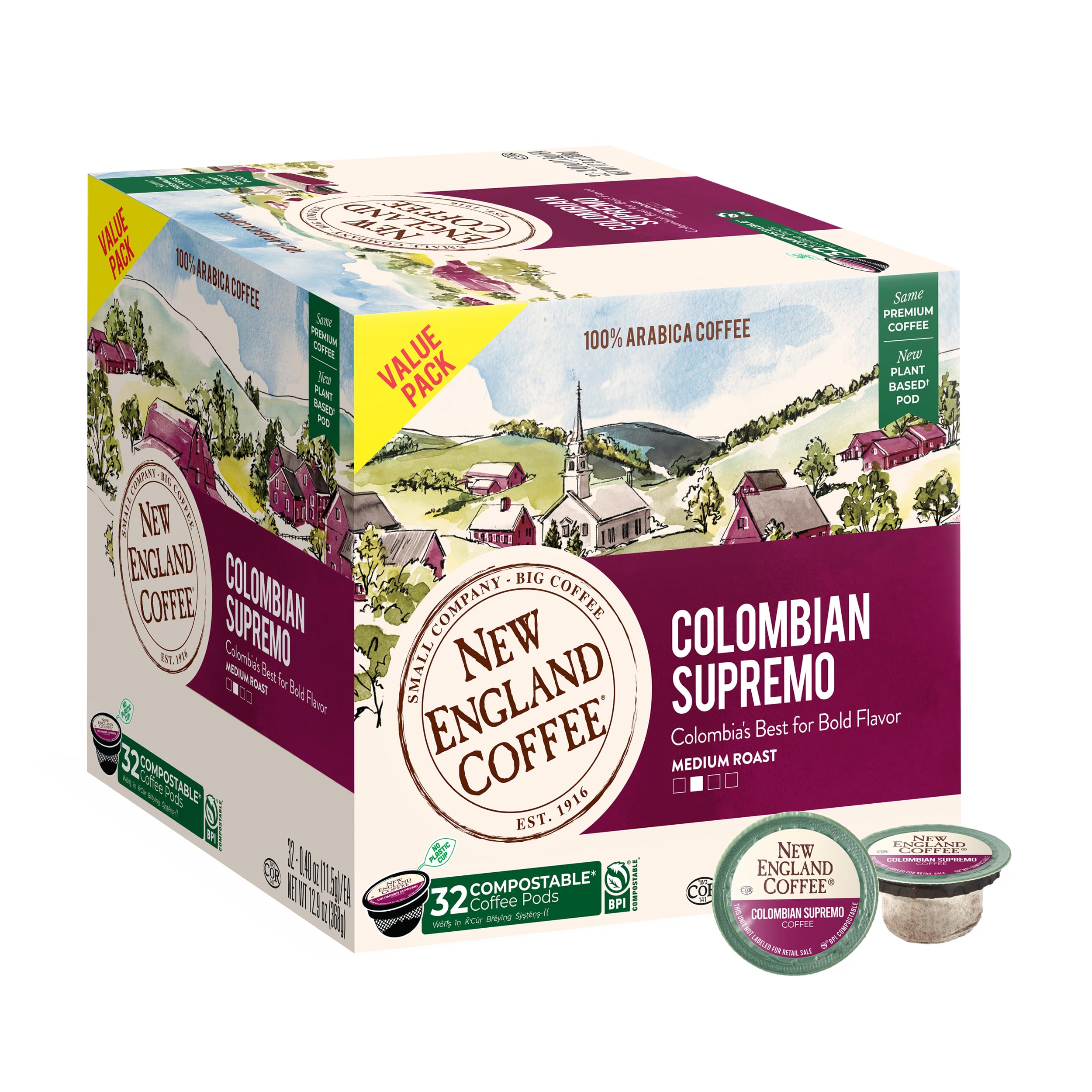 New England Coffee Colombian Supremo pods on box for quick single-serve mornings.