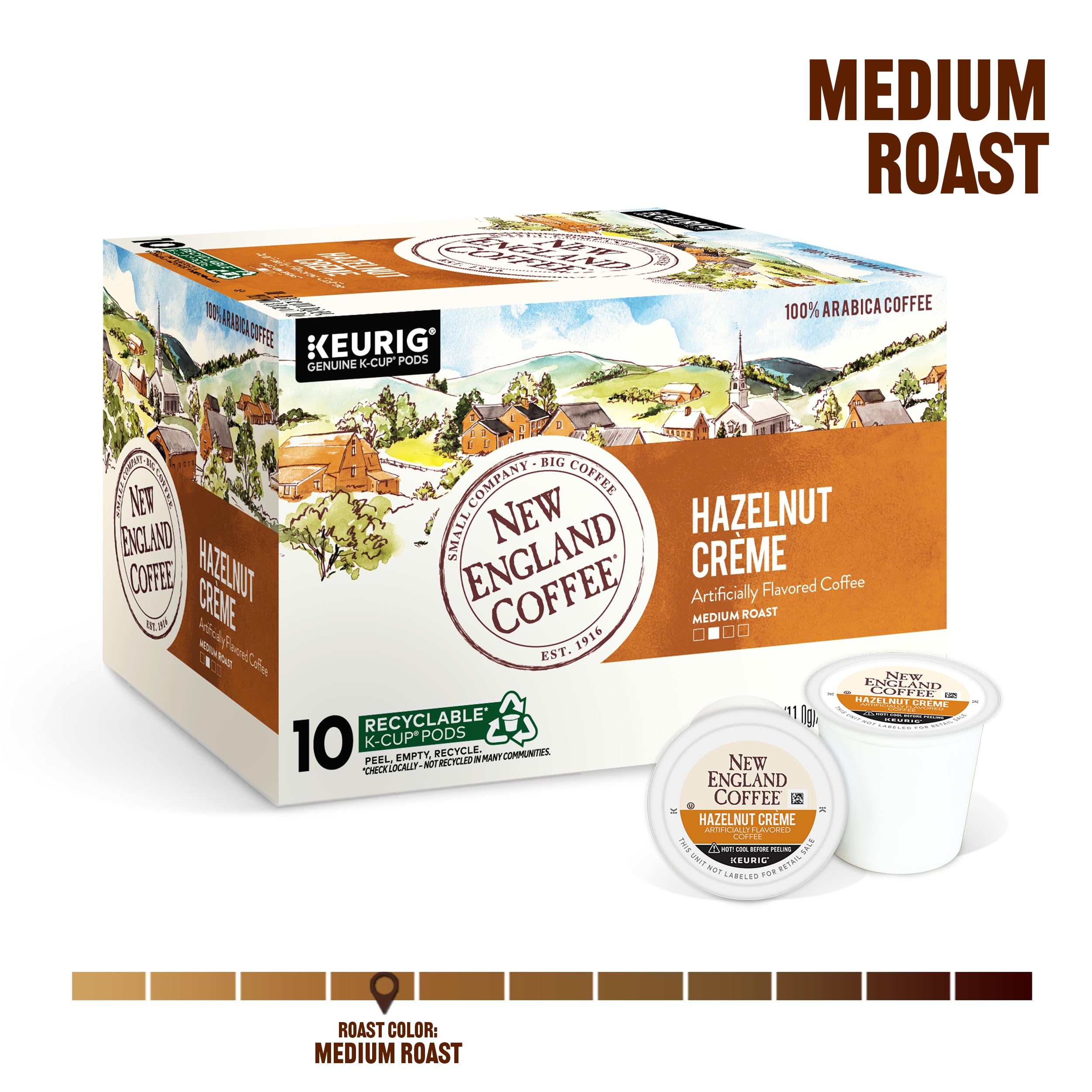 New England Coffee Hazelnut Crème cup, creamy finish with nutty notes.