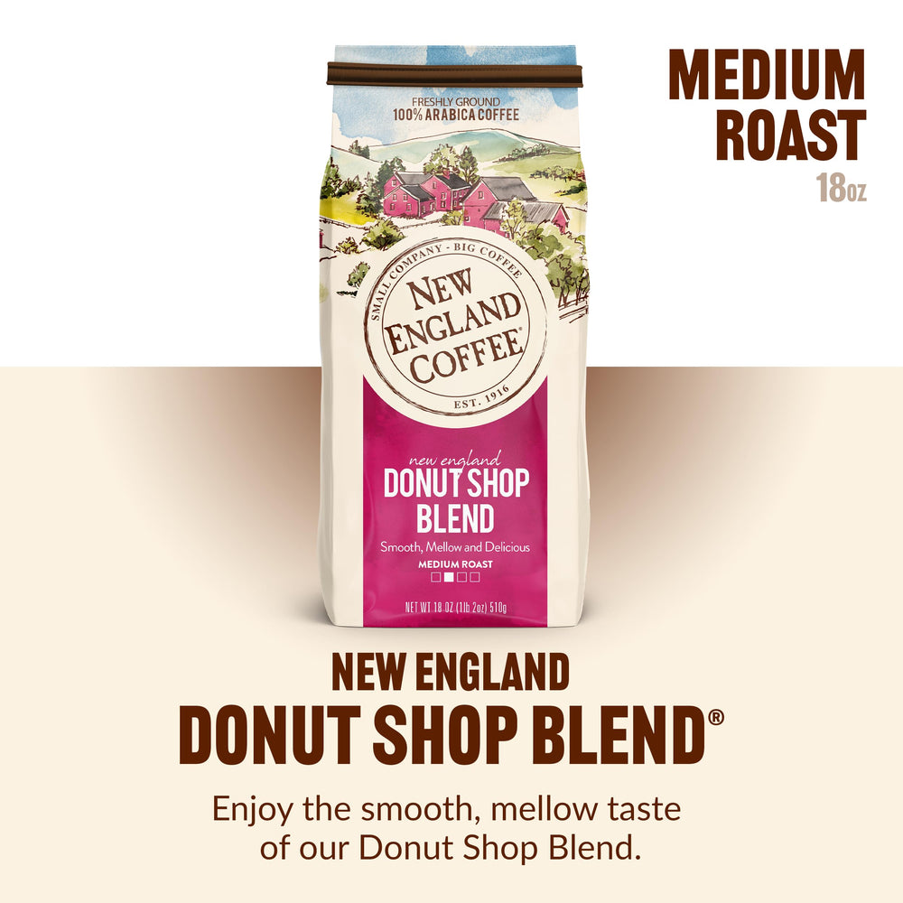 New England Coffee Donut Shop Blend brew cup suggests mellow aroma for mornings.
