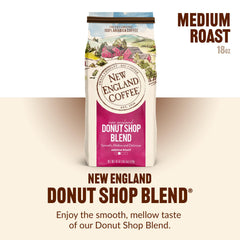 New England Coffee Donut Shop Blend brew cup suggests mellow aroma for mornings.