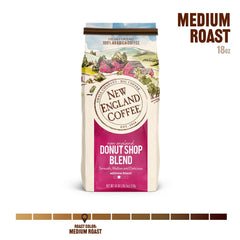 New England Coffee Donut Shop Blend ground coffee close-up shows 100% Arabica quality.