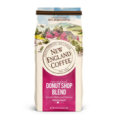 New England Coffee Donut Shop Blend packaging with premium Arabica beans for a smooth taste.