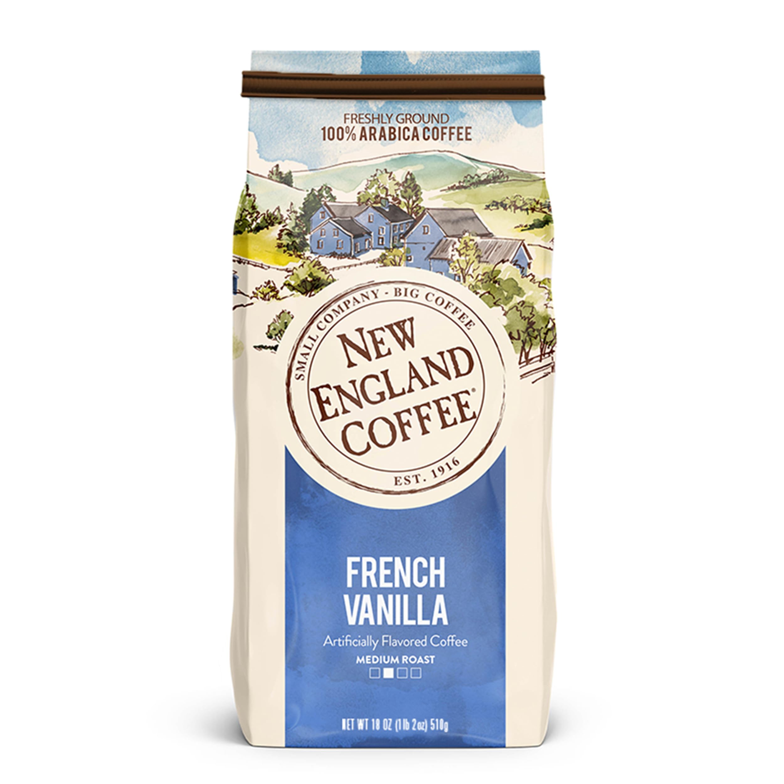 New England Coffee French Vanilla 18oz bag — aromatic, ideal for cozy morning rituals.