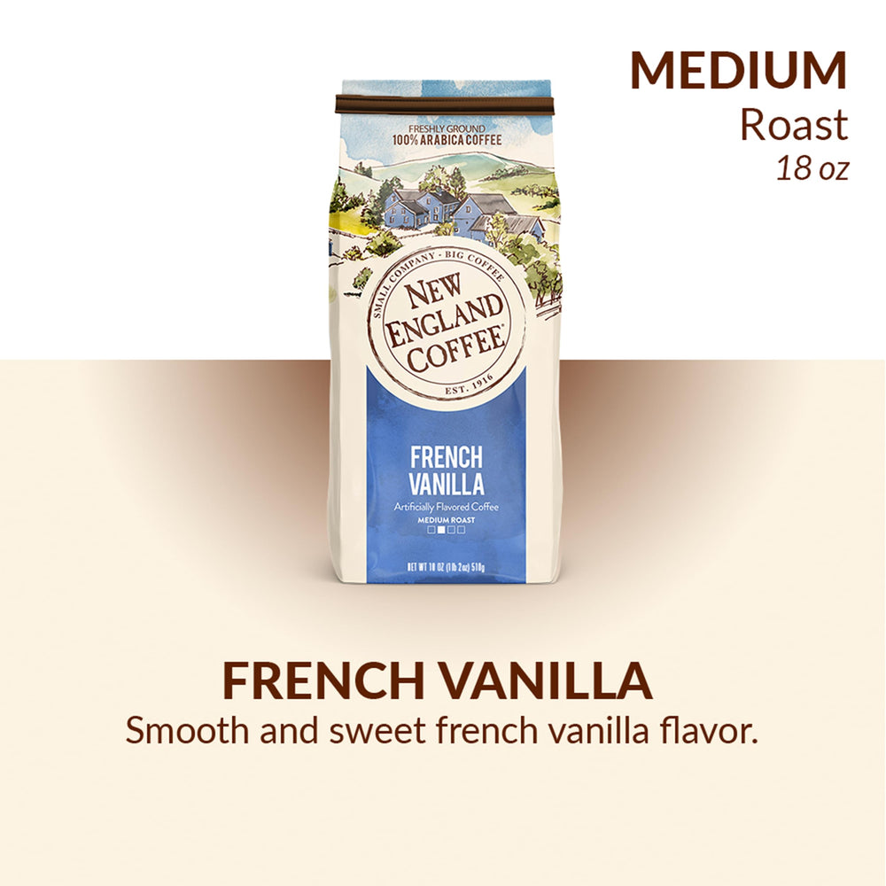 New England Coffee French Vanilla steaming cup — smooth medium roast with vanilla notes.