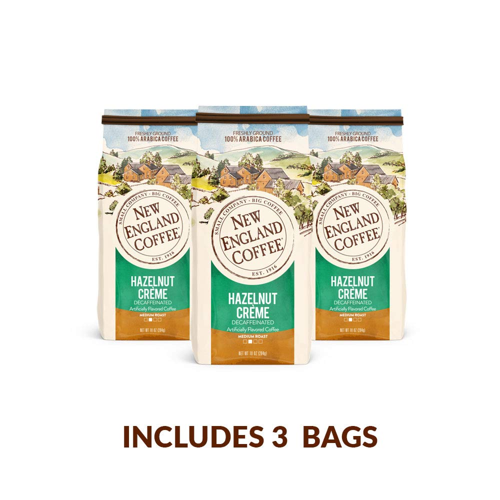 New England Coffee Hazelnut Crème Decaf ground coffee in kitchen setup for daily brew