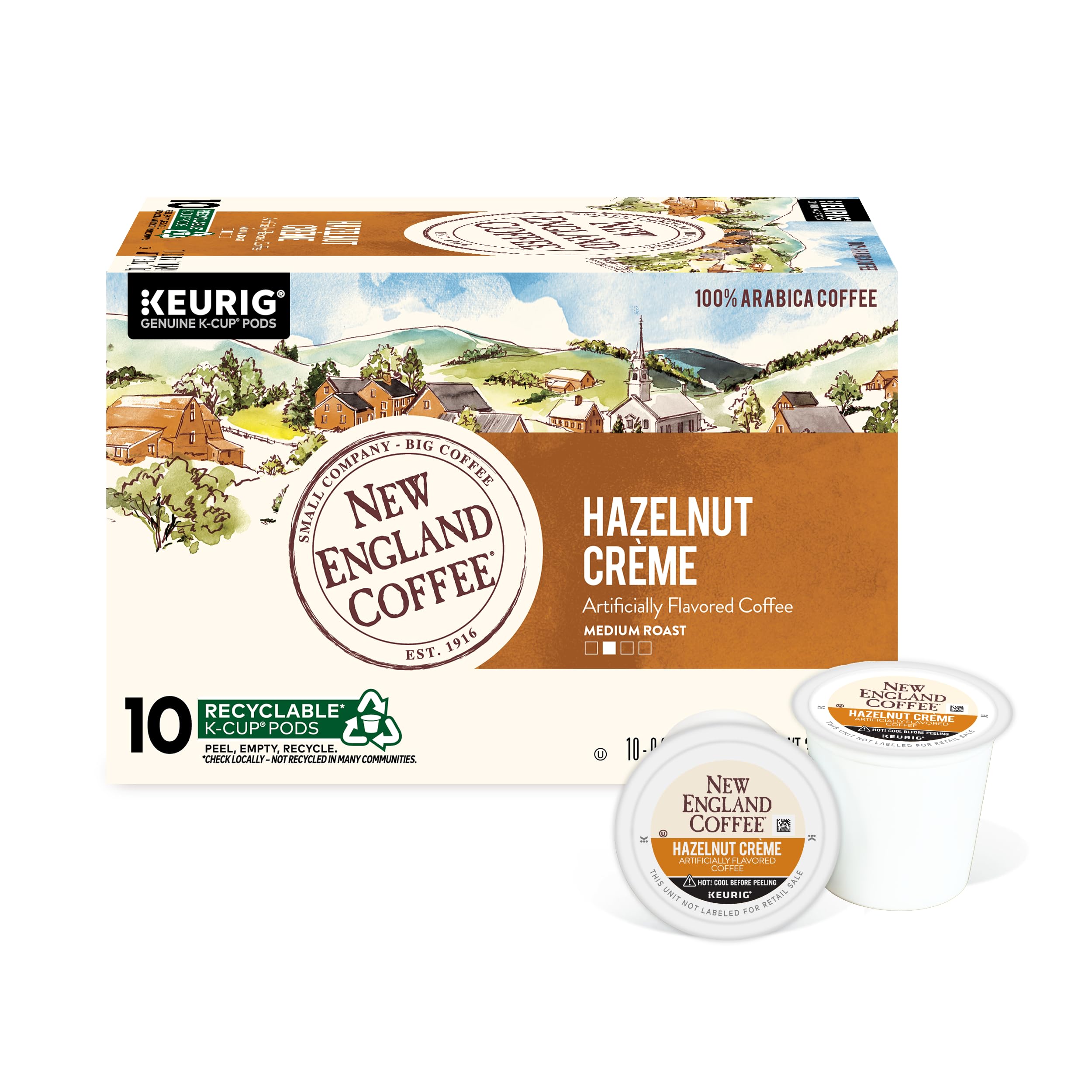 New England Coffee Hazelnut Crème pods with rich hazelnut aroma for a flavorful morning.