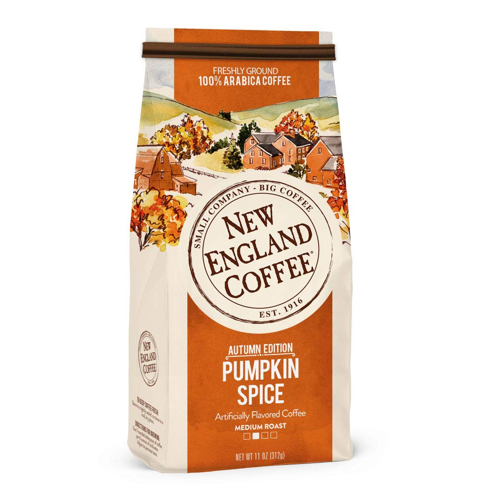 New England Coffee pumpkin spice ground coffee 11oz bag reveals rich aroma for cozy mornings.