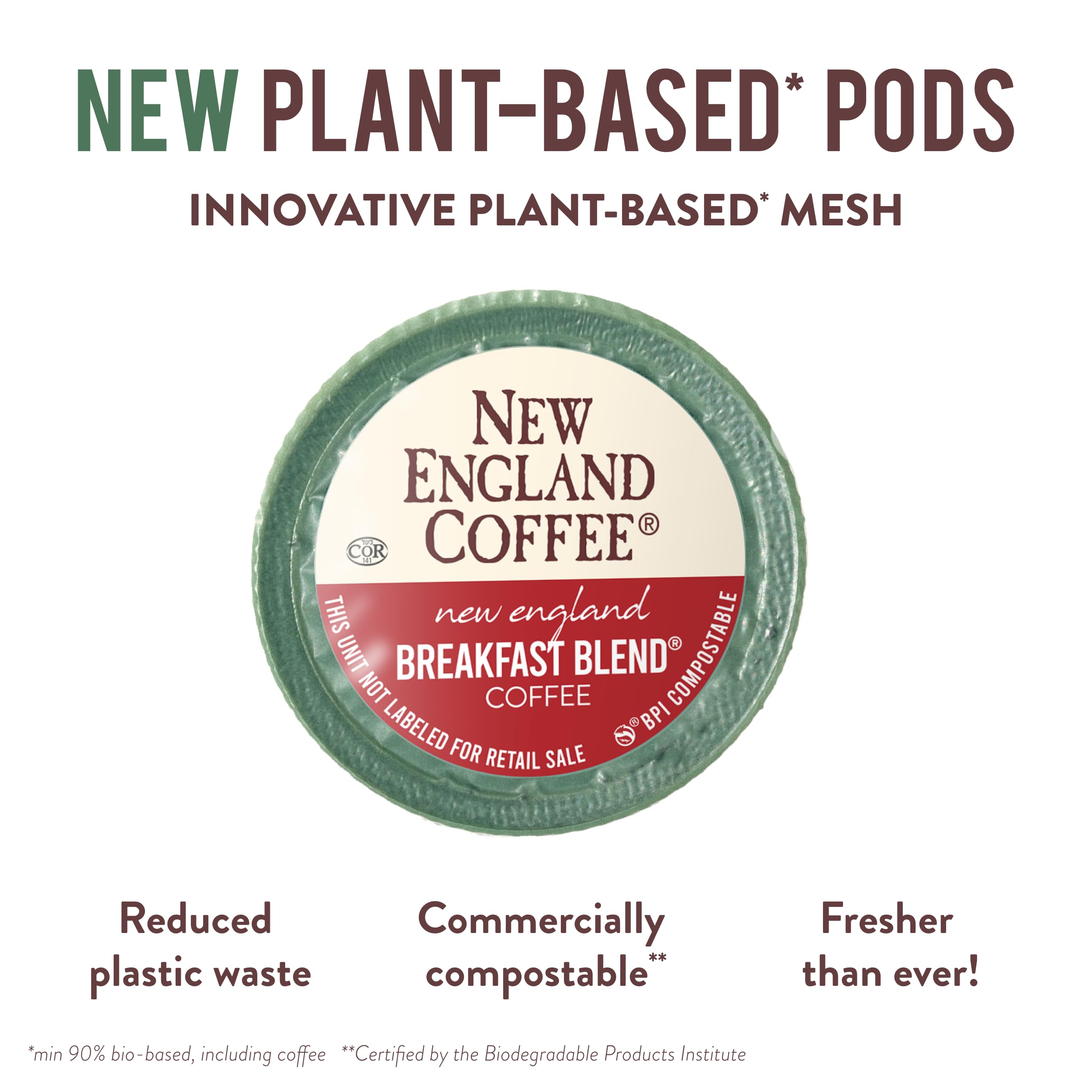 New England Coffee single-serve pods with plant-based mesh.