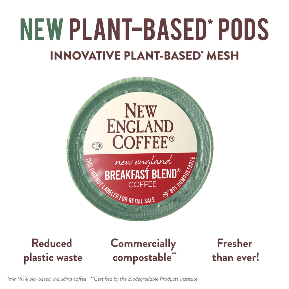 New England Coffee single-serve pods with plant-based mesh.