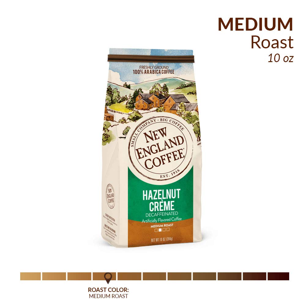 New England Coffee Steaming cup reveals inviting hazelnut aroma.