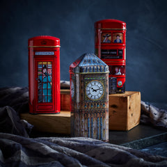 New English Teas British Heritage telephone box tin evokes British charm during tea breaks.