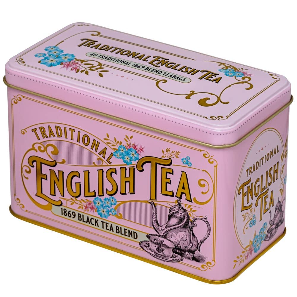 New English Teas tin showcases azure Forget-Me-Not florals for charm.