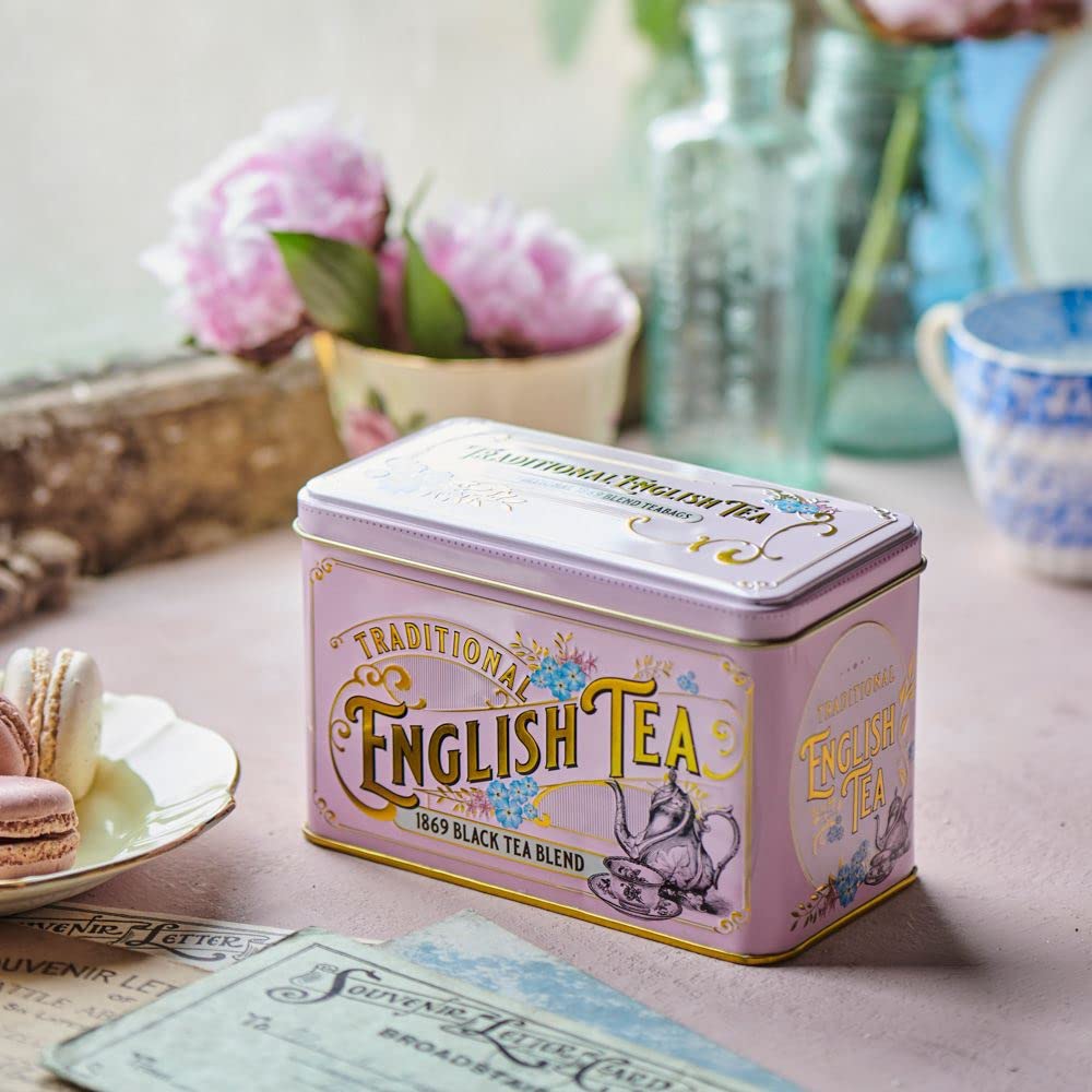 New English Teas tin shows gold trimming and embossing detail.