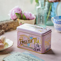 New English Teas tin shows gold trimming and embossing detail.