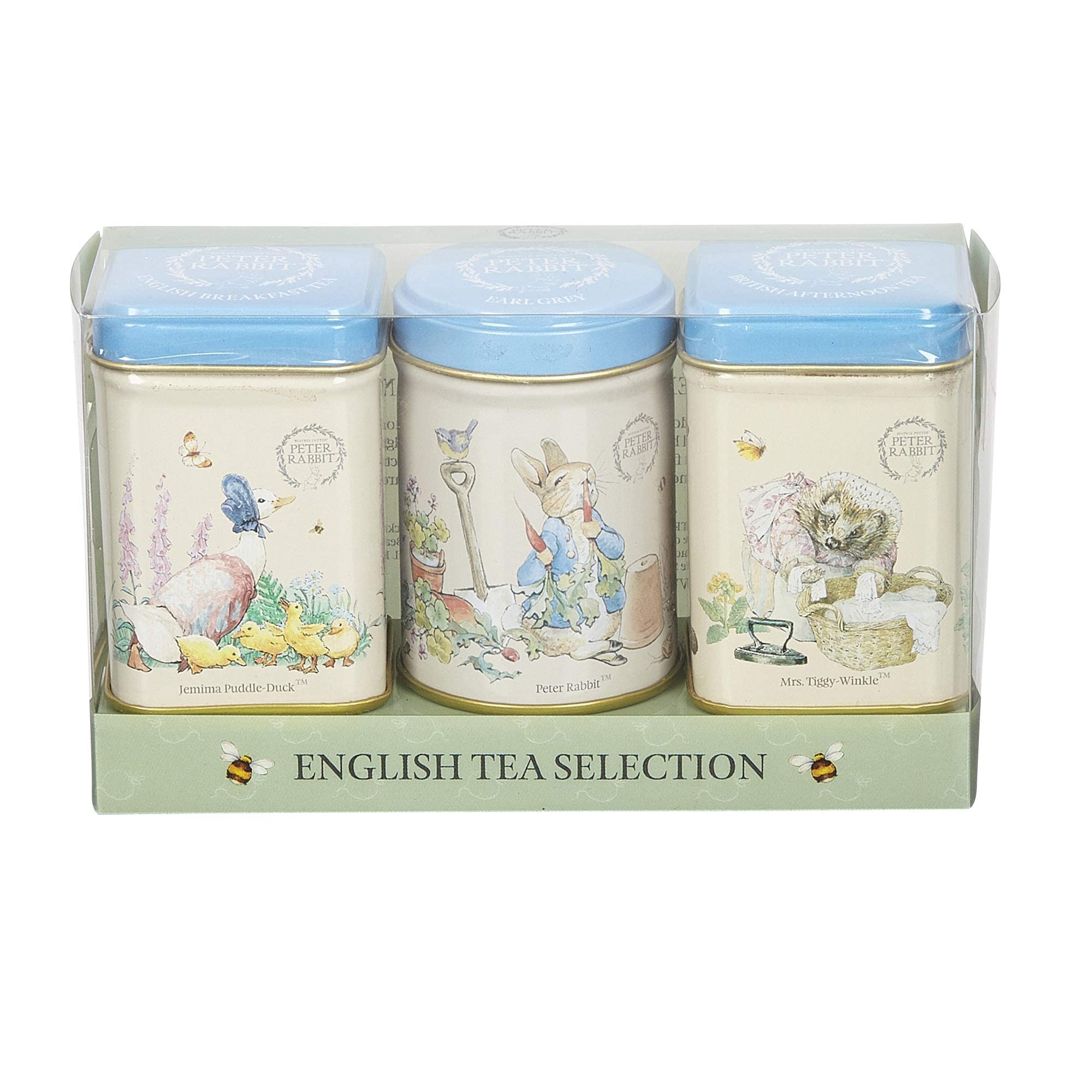 New English Teas Peter Rabbit mini tin set with Beatrix Potter illustration ideal for gifting.