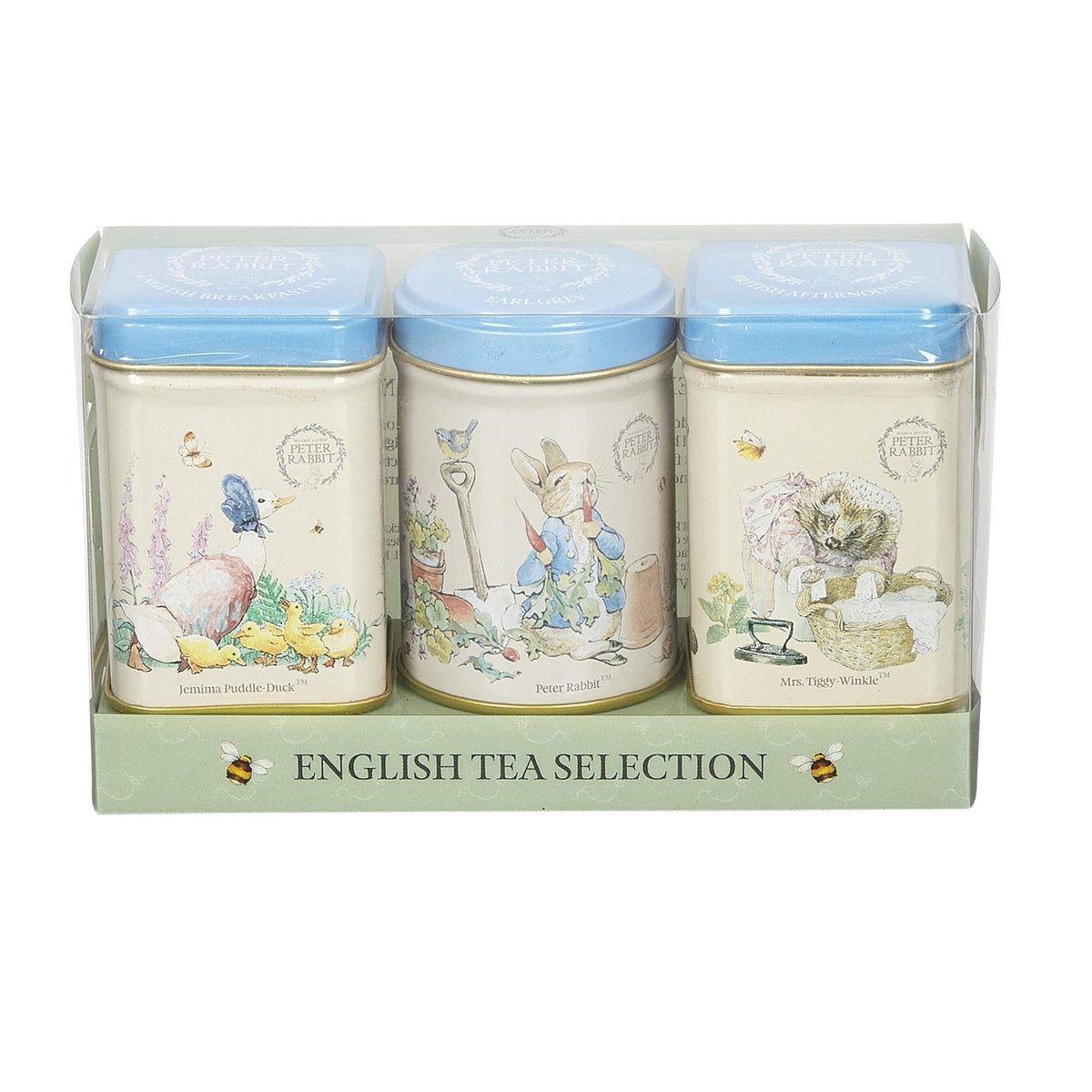 New English Teas Peter Rabbit mini tin set with Beatrix Potter illustration ideal for gifting.