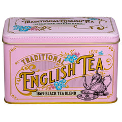 New English Teas tin highlights rose-pink finish for display.