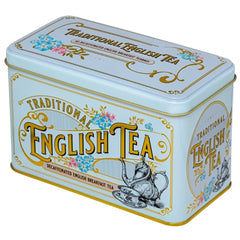 New English Teas teabags inside tin keep decaf tea fresh and accessible
