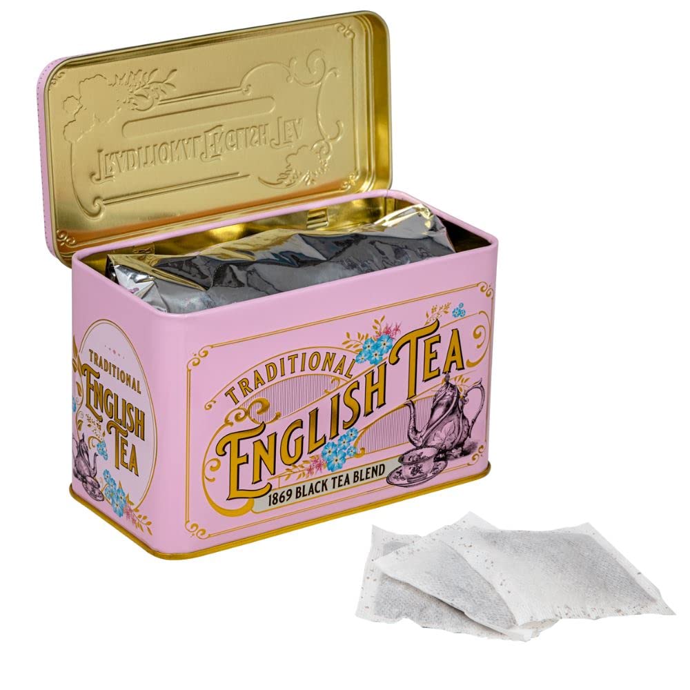 New English Teas tin features Victorian illustrations for elegant decor.