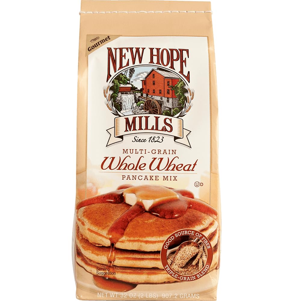 New Hope Mills multigrain pancake mix box for wholesome, sugar-free mornings.