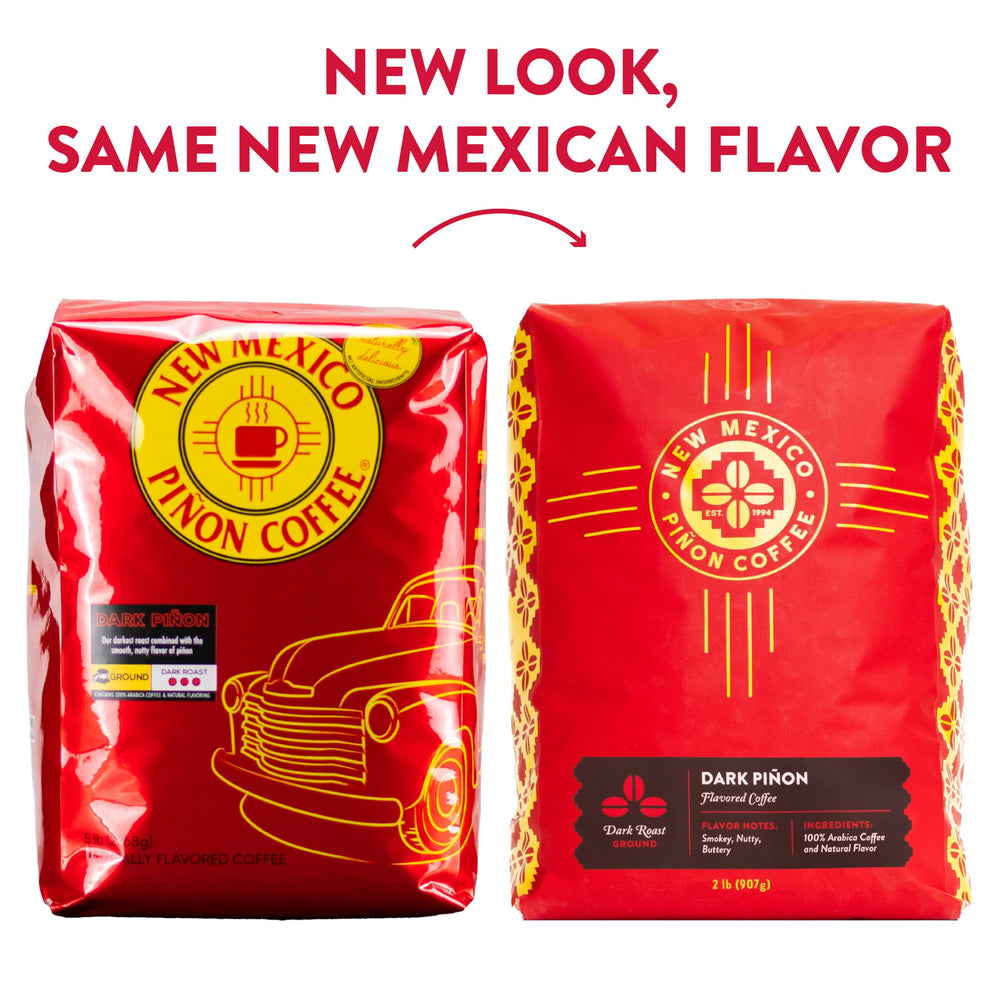 New Mexico Pinon Coffee bag opening reveals fresh grounds.