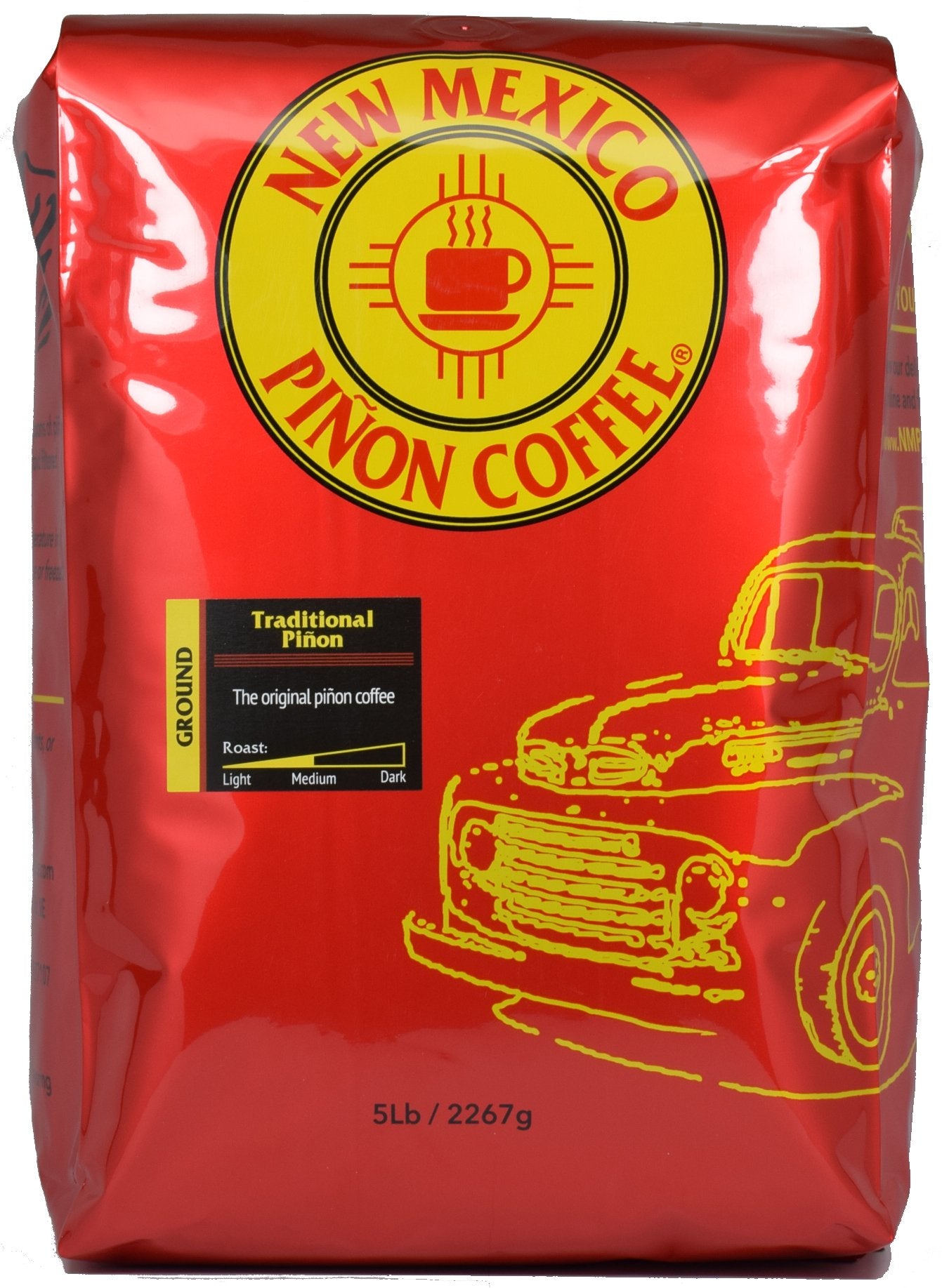 New Mexico Piñon Coffee ground piñon-flavored beans in a 5 lb bag for home brewing.