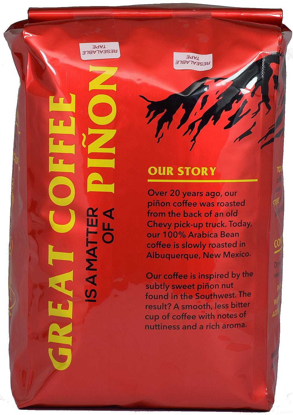 New Mexico Piñon Coffee roasted beans close-up highlighting nutty piñon flavor.