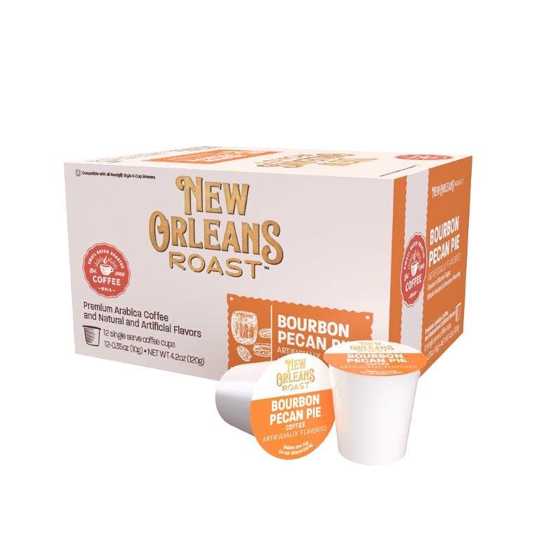 New Orleans Roast Bourbon Pecan Pie coffee pods in a pack shot, convenient single-serve option for quick mornings.