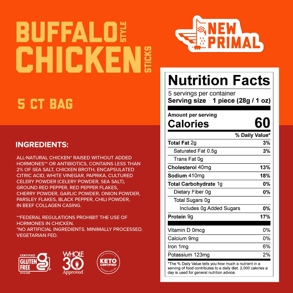 The New Primal buffalo chicken sticks close-up, juicy texture and bold buffalo flavor.