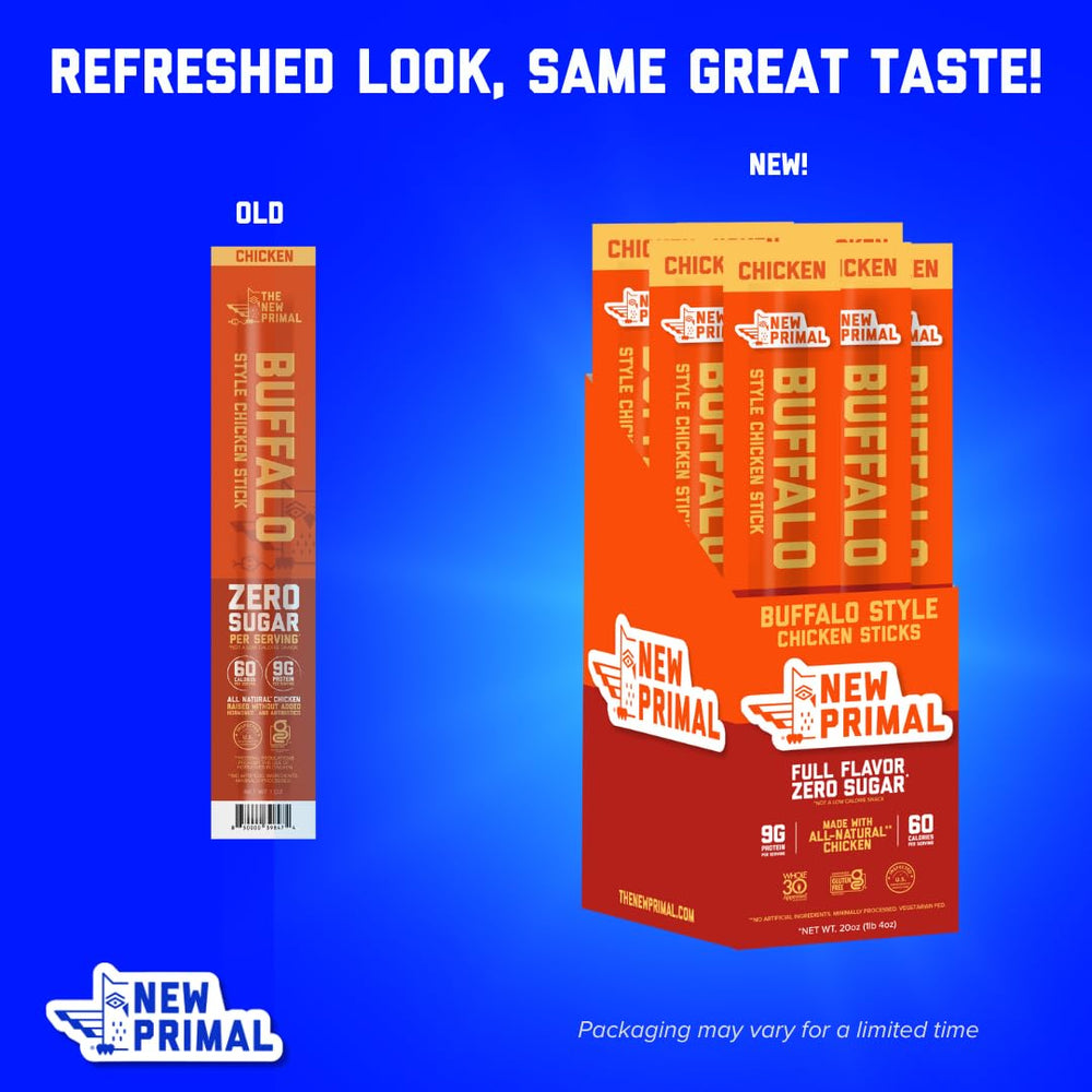 The New Primal buffalo chicken sticks highlight keto, gluten-free, sugar-free attributes.