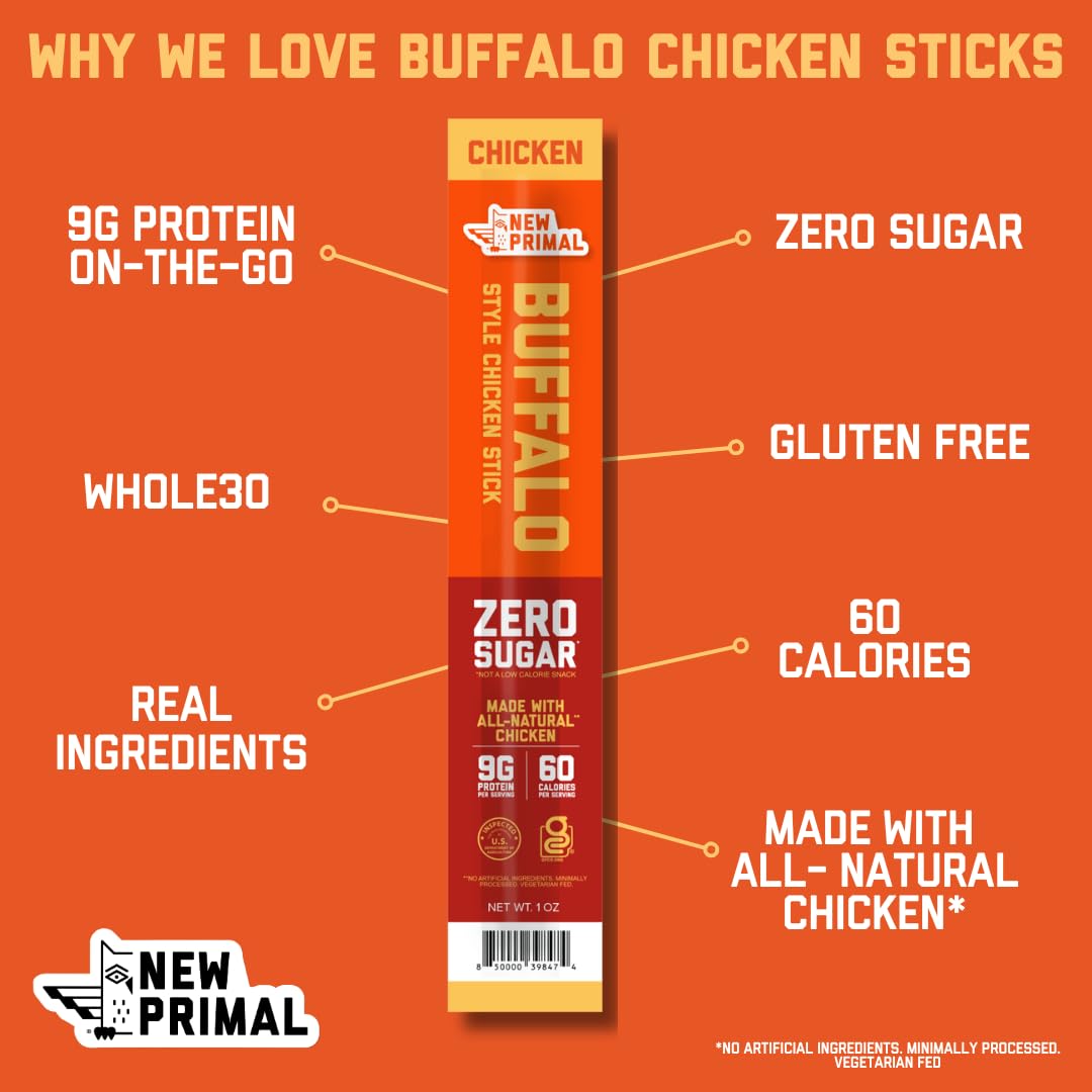 The New Primal buffalo chicken sticks on-the-go, portable 60-calorie protein boost.