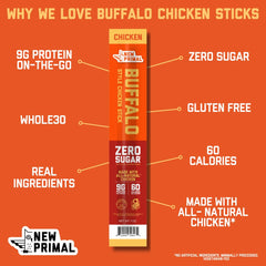 The New Primal buffalo chicken sticks on-the-go, portable 60-calorie protein boost.