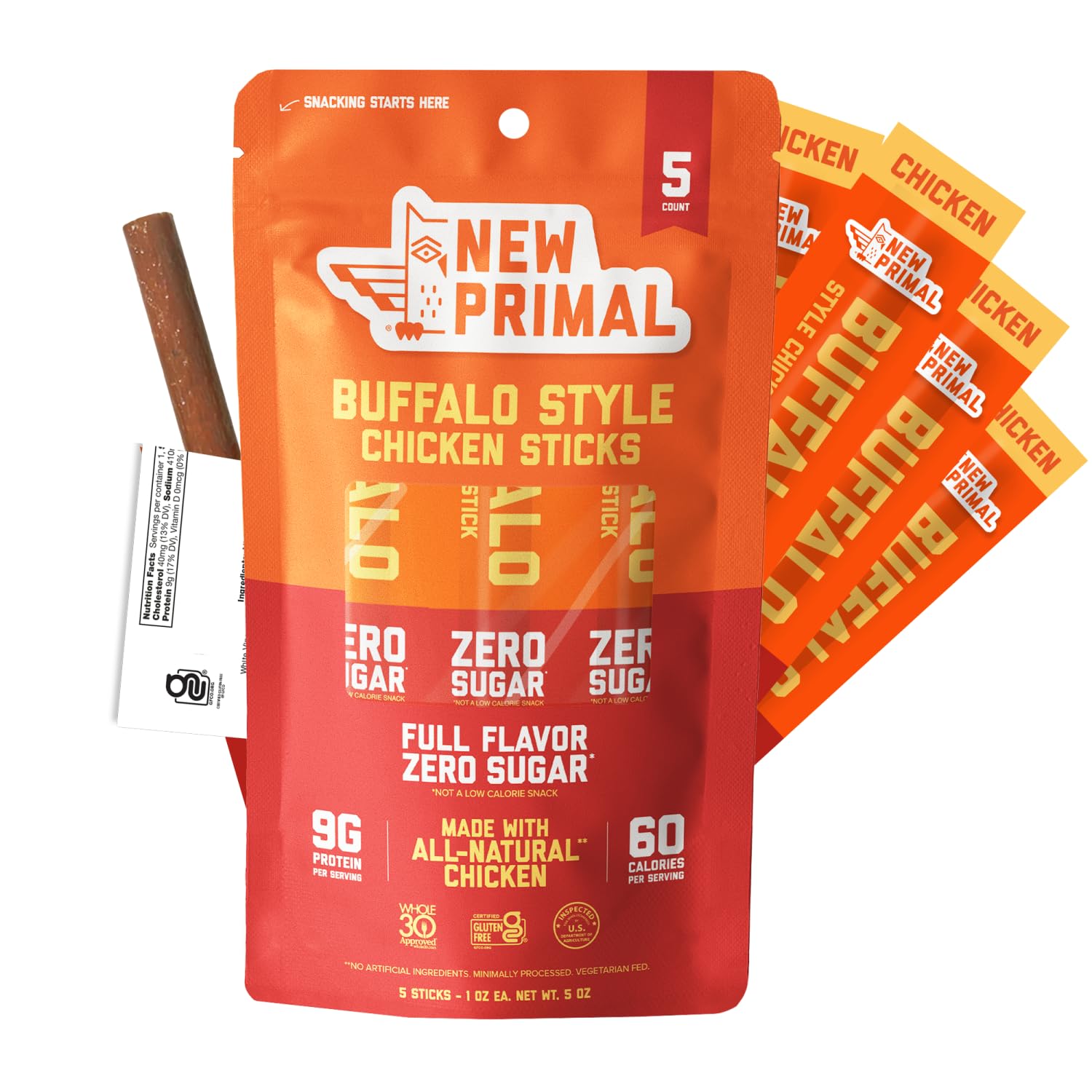 The New Primal buffalo chicken sticks pack, convenient protein snack for on-the-go fueling.