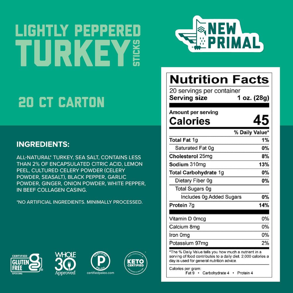 The New Primal Lightly Peppered Turkey Sticks close-up of spice blend, ideal for flavor-packed snacking.